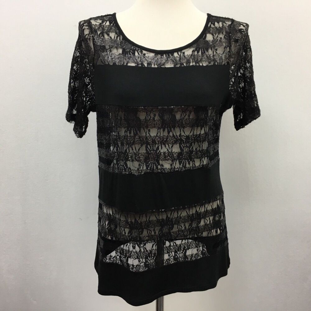 The Limited‎ Women's Top Medium Black Sheer Lace Sequins